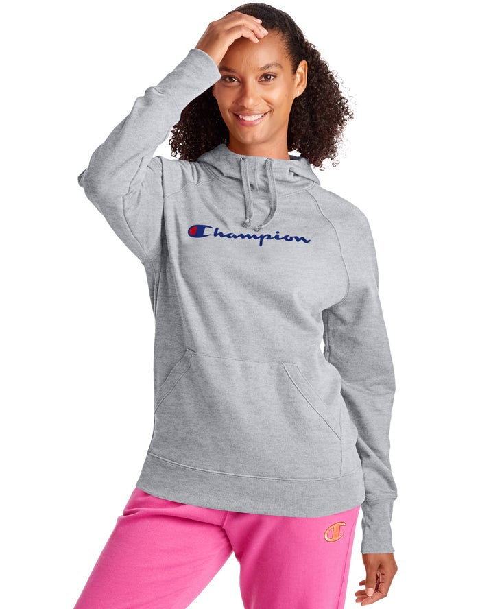 Champion Womens Hoodie NZ - Powerblend Fleece Script Logo Grey ( 0624-XFUJC )